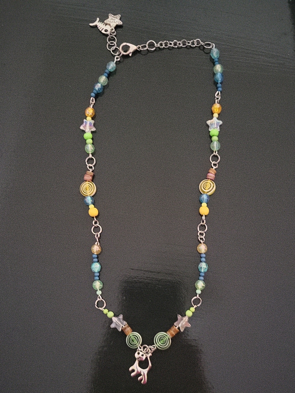 Multicolor Beaded Cat Pendant Necklace - Green & Blue